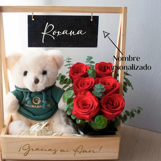 ARREGLO ROSAS OSITO RUBY